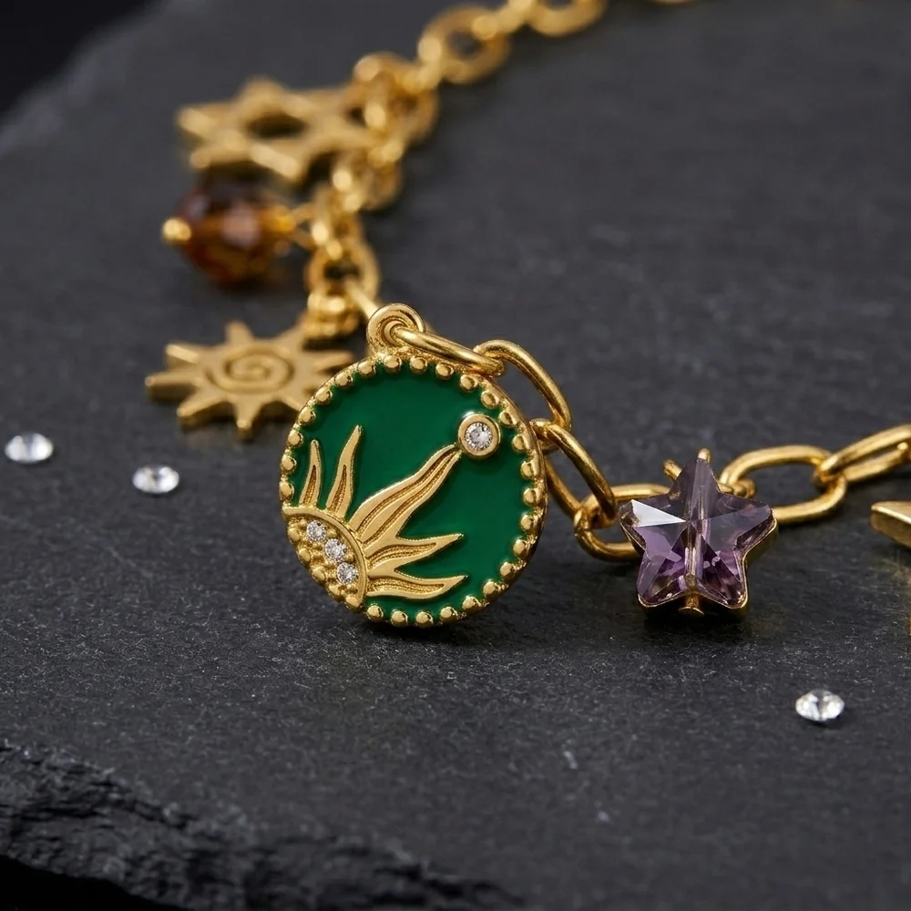 18K Gold Plated Boho Celestial Sun Star Charm Necklace 316L Stainless Steel